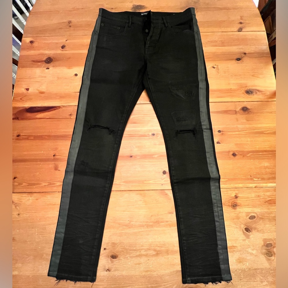 Black Purple Brand Painted Tuxedo Stripe Slim Jean 33 waist 32 length.